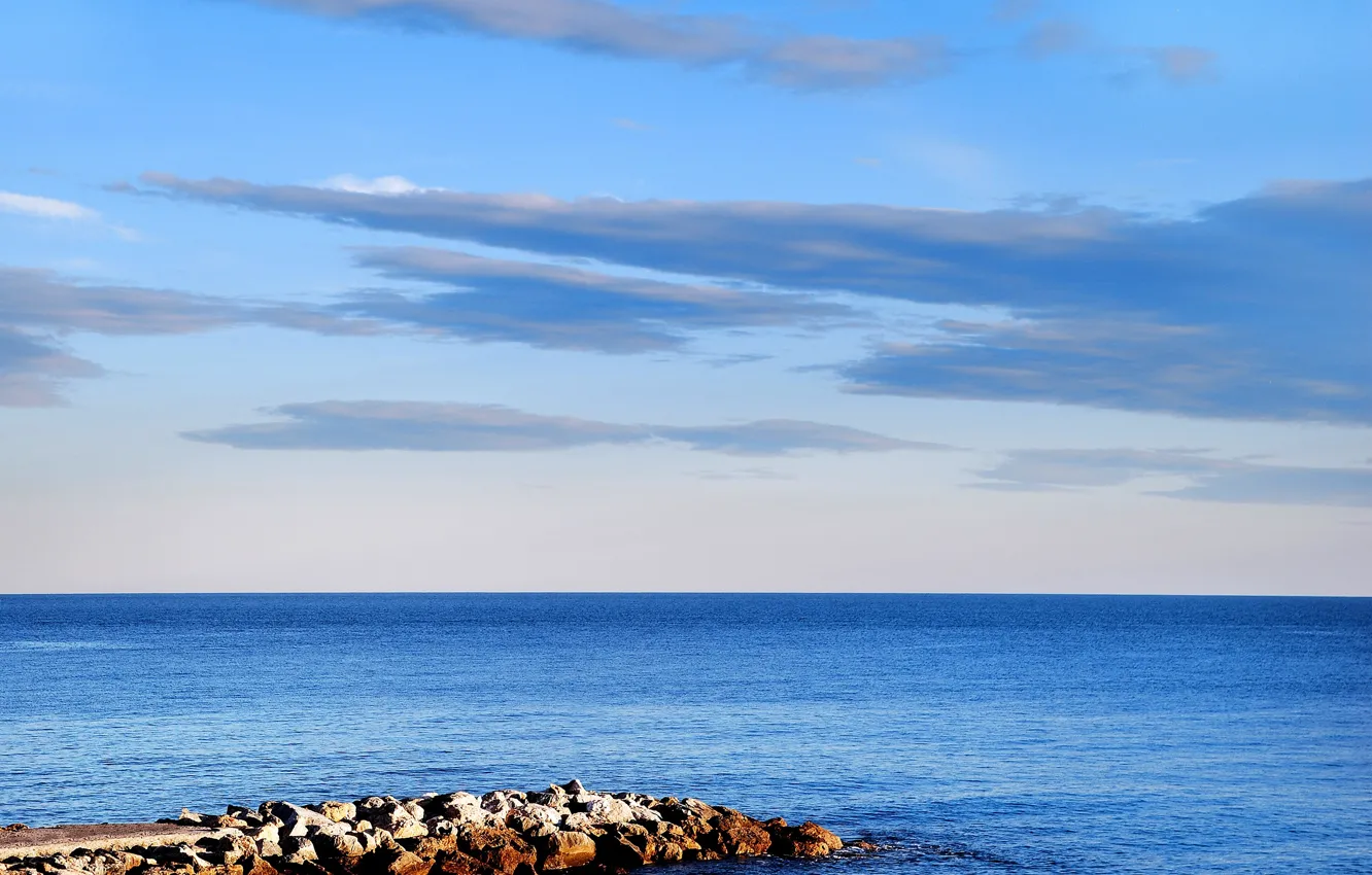 Photo wallpaper sea, the sky, stones, shore, horizon, braid