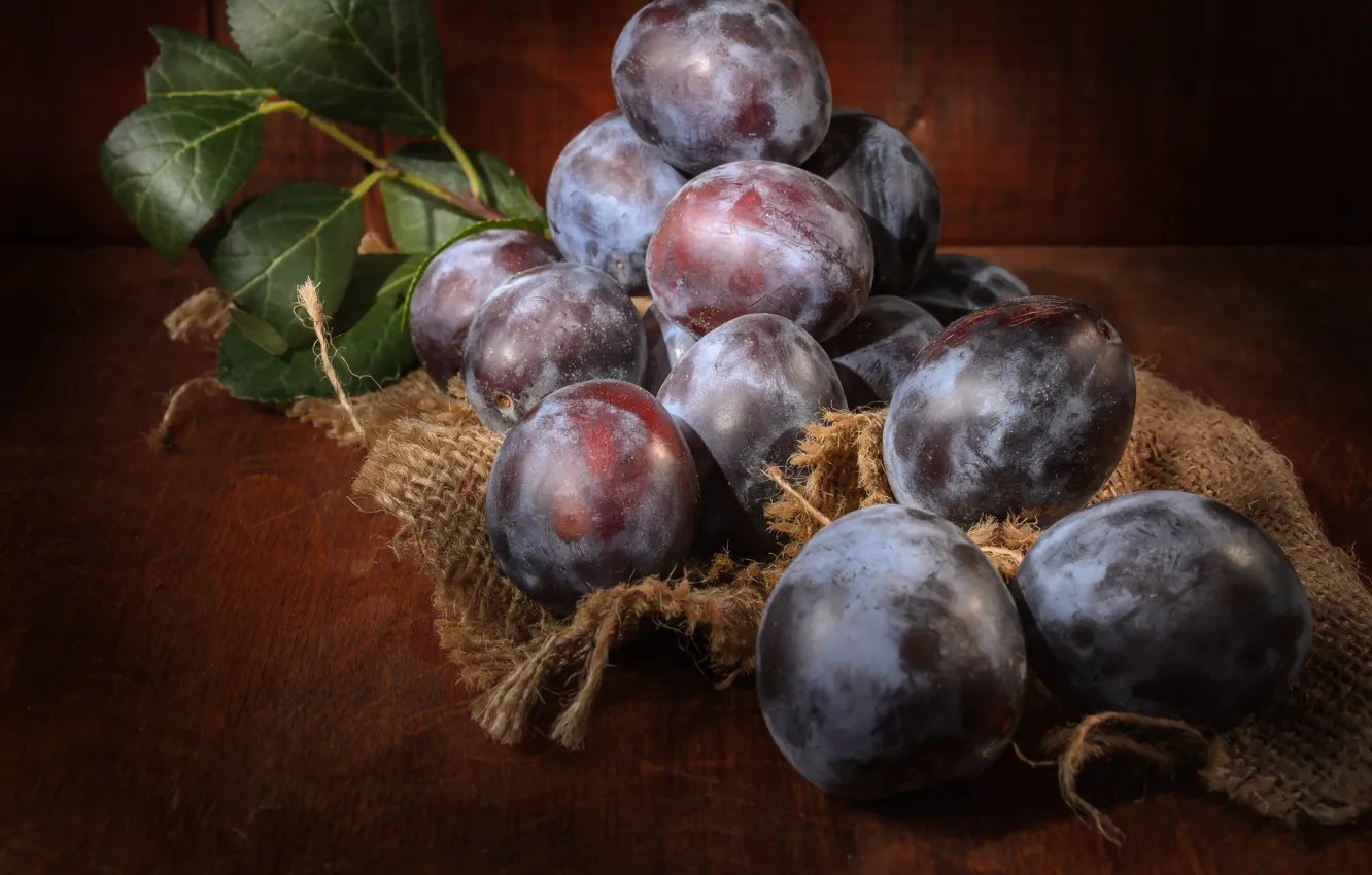 Photo wallpaper still life, plum, burlap