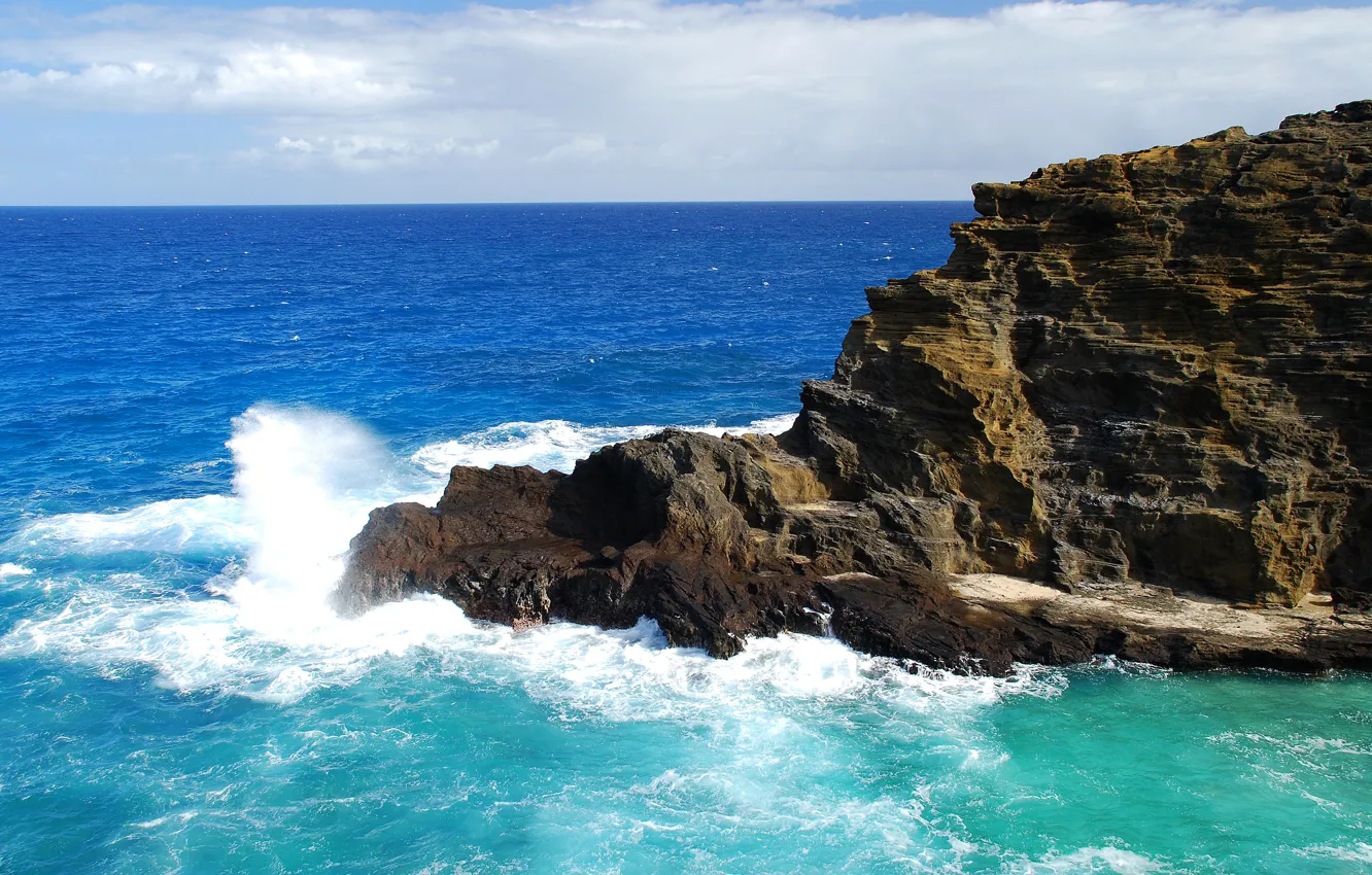 Photo wallpaper sea, wave, the sky, clouds, squirt, rocks