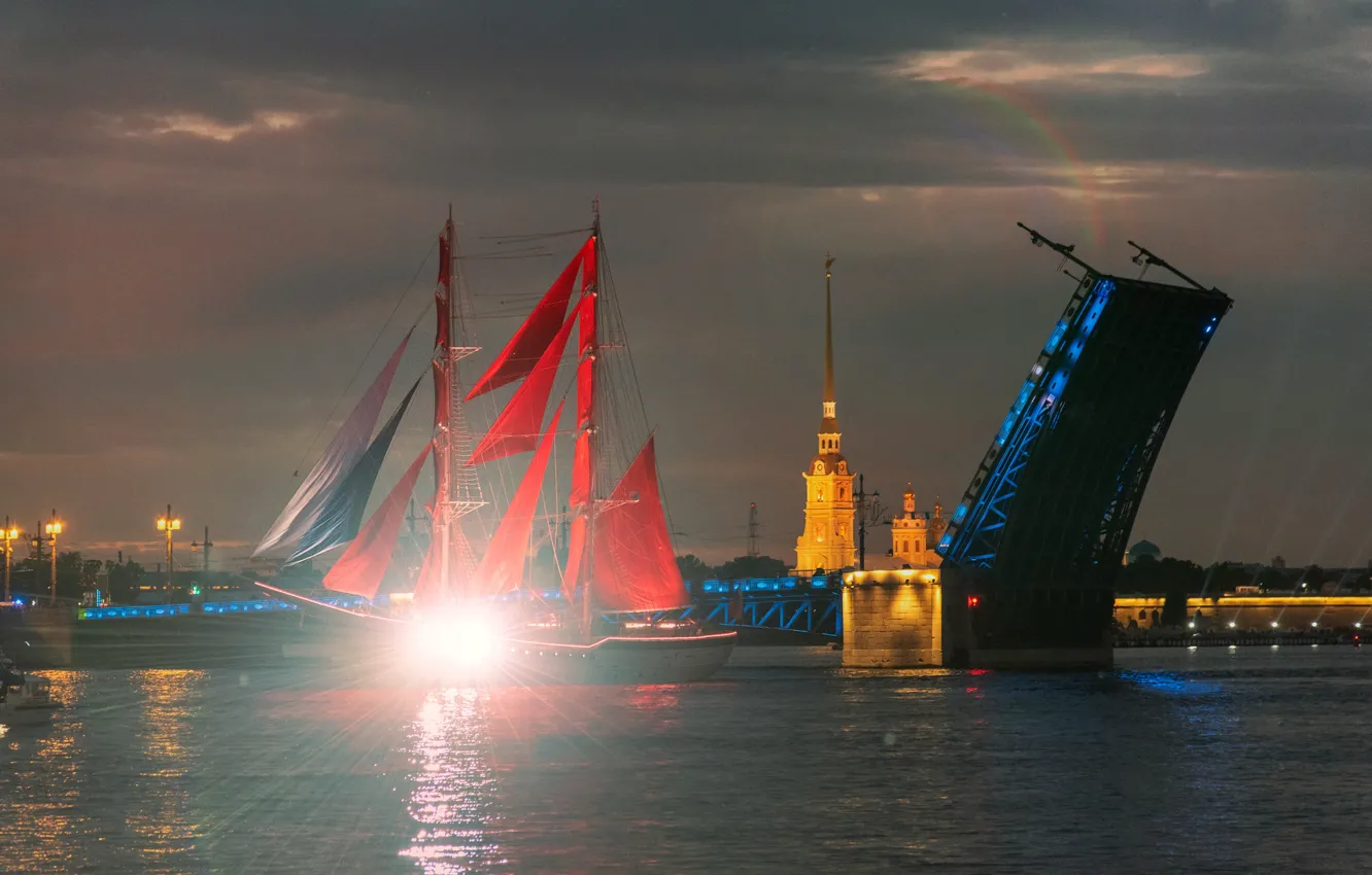 Photo wallpaper rays, light, night, bridge, river, ship, sailboat, Peter