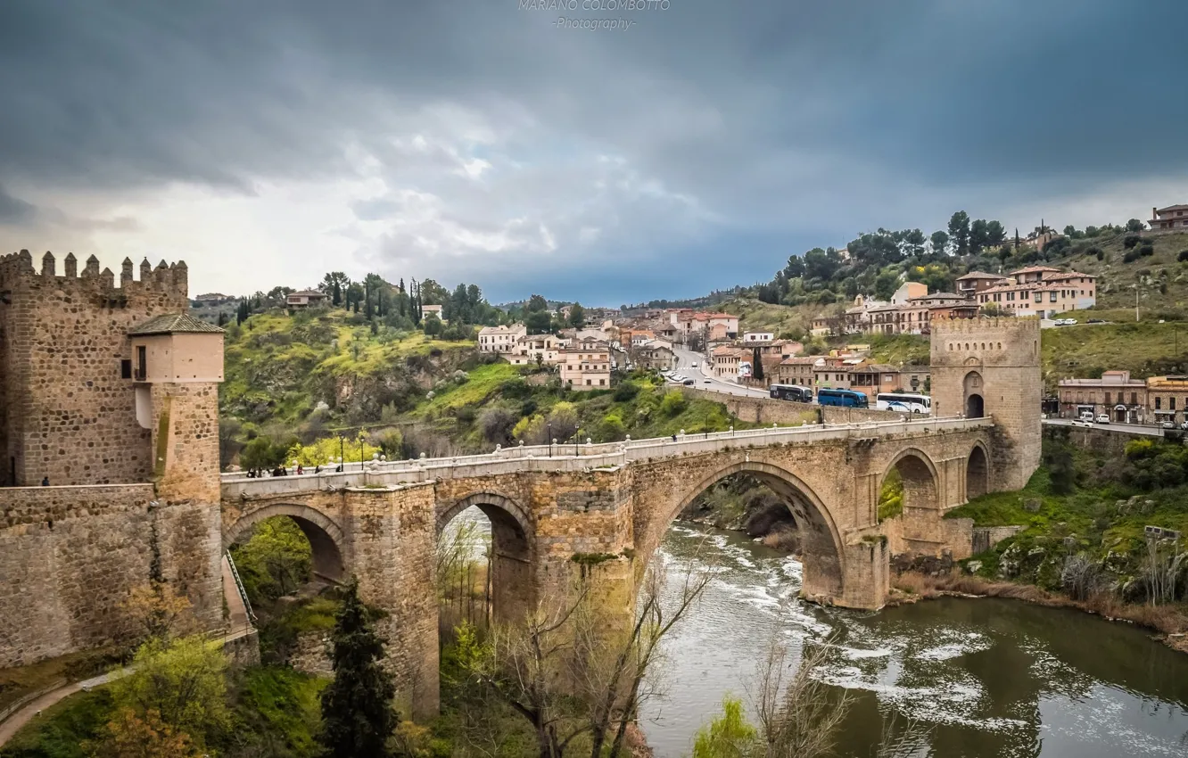 Photo wallpaper landscape, bridge, the city, Spain, Toledo, St. Martin bridge