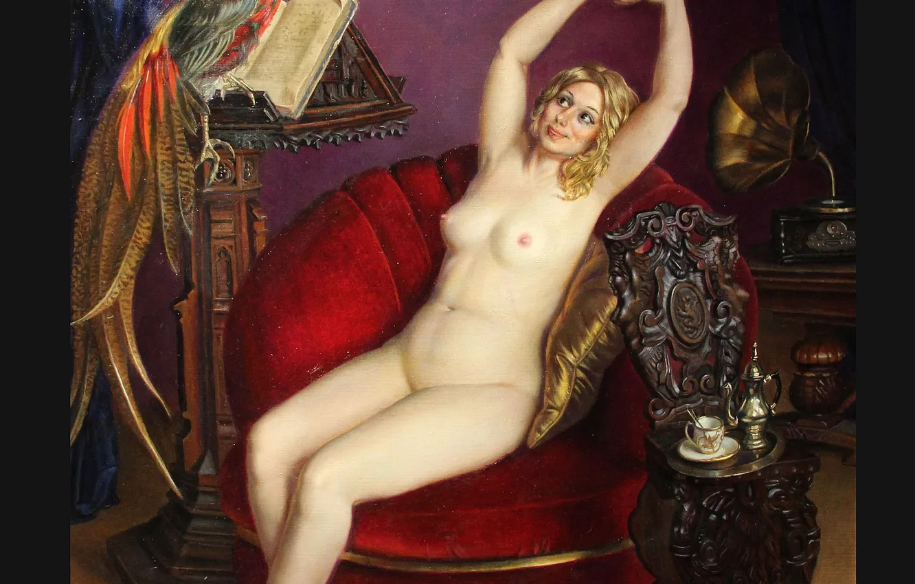 Photo wallpaper girl, picture, chair, naked, pheasant, Alexandr Shilov, Soviet and Russian artist, Alexander Shilov