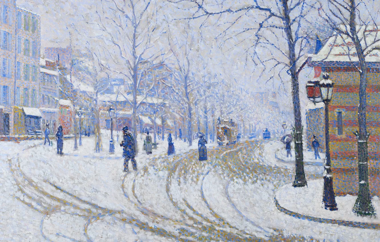 Photo wallpaper winter, picture, the urban landscape, Paul Signac, Snow. The Boulevard De Clichy. Paris