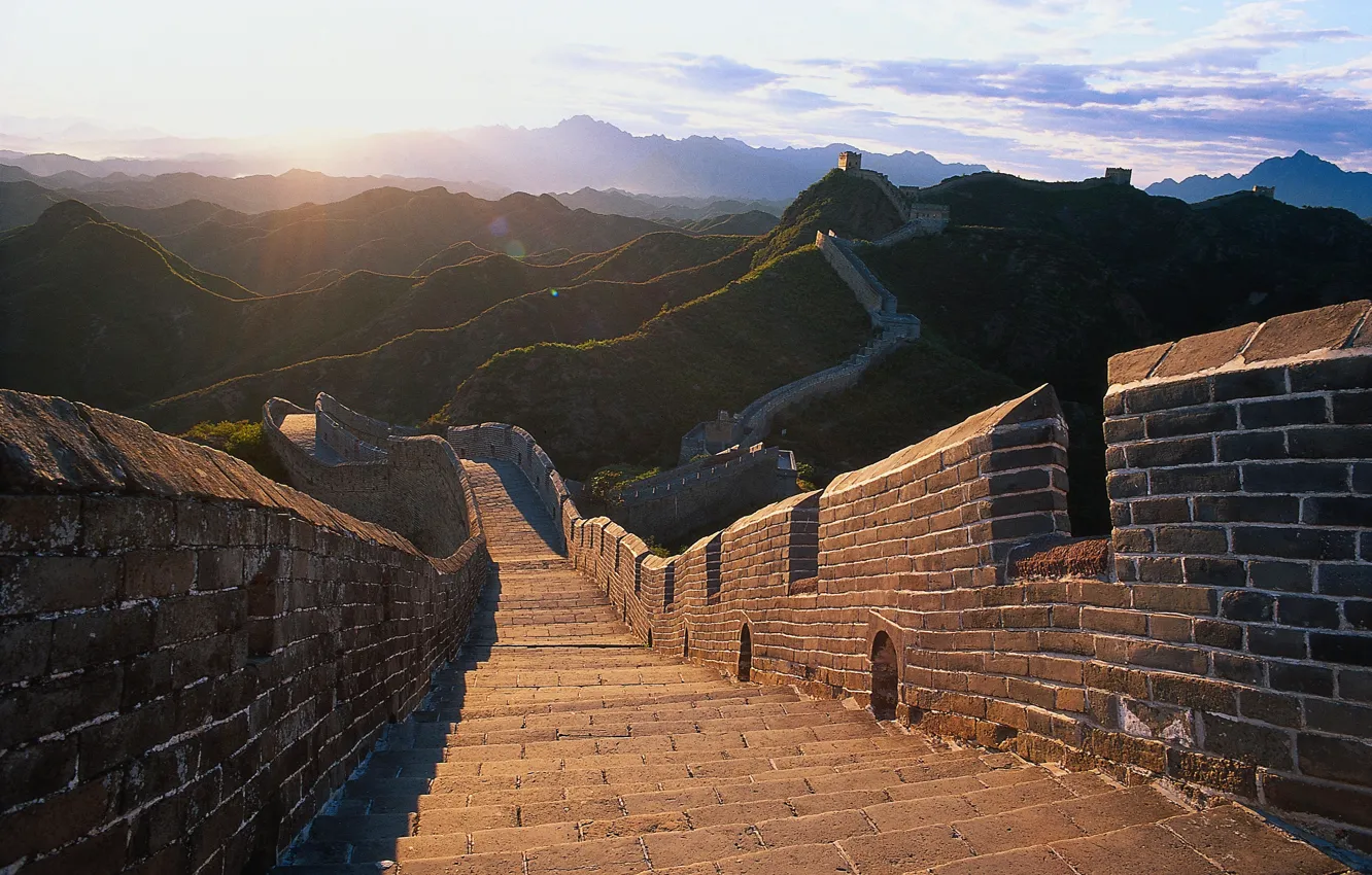 Photo wallpaper the sun, light, landscape, mountains, hills, monument, China, The great wall of China
