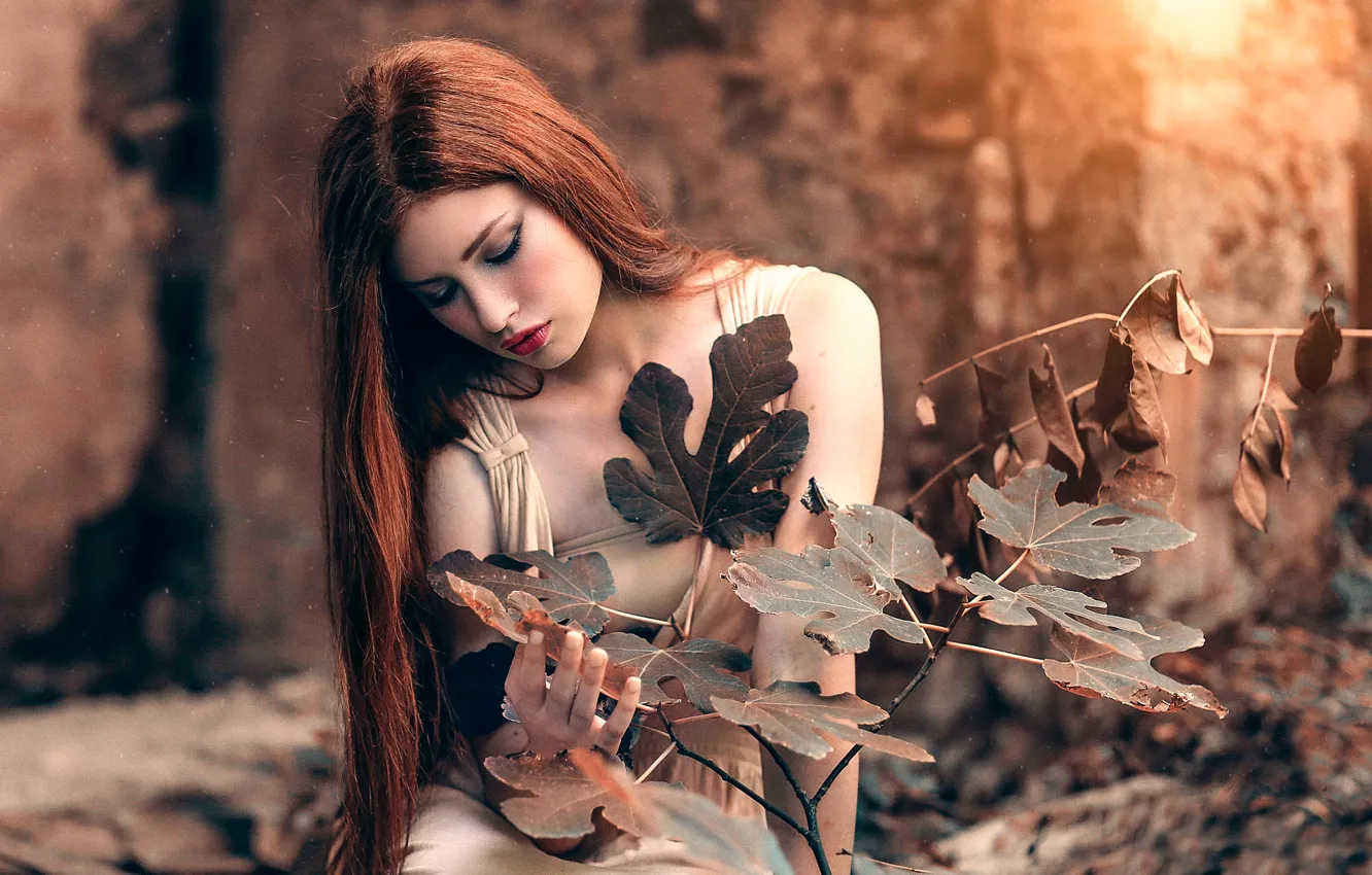 Photo wallpaper leaves, makeup, golden, the red-haired girl, Alessandro Di Cicco