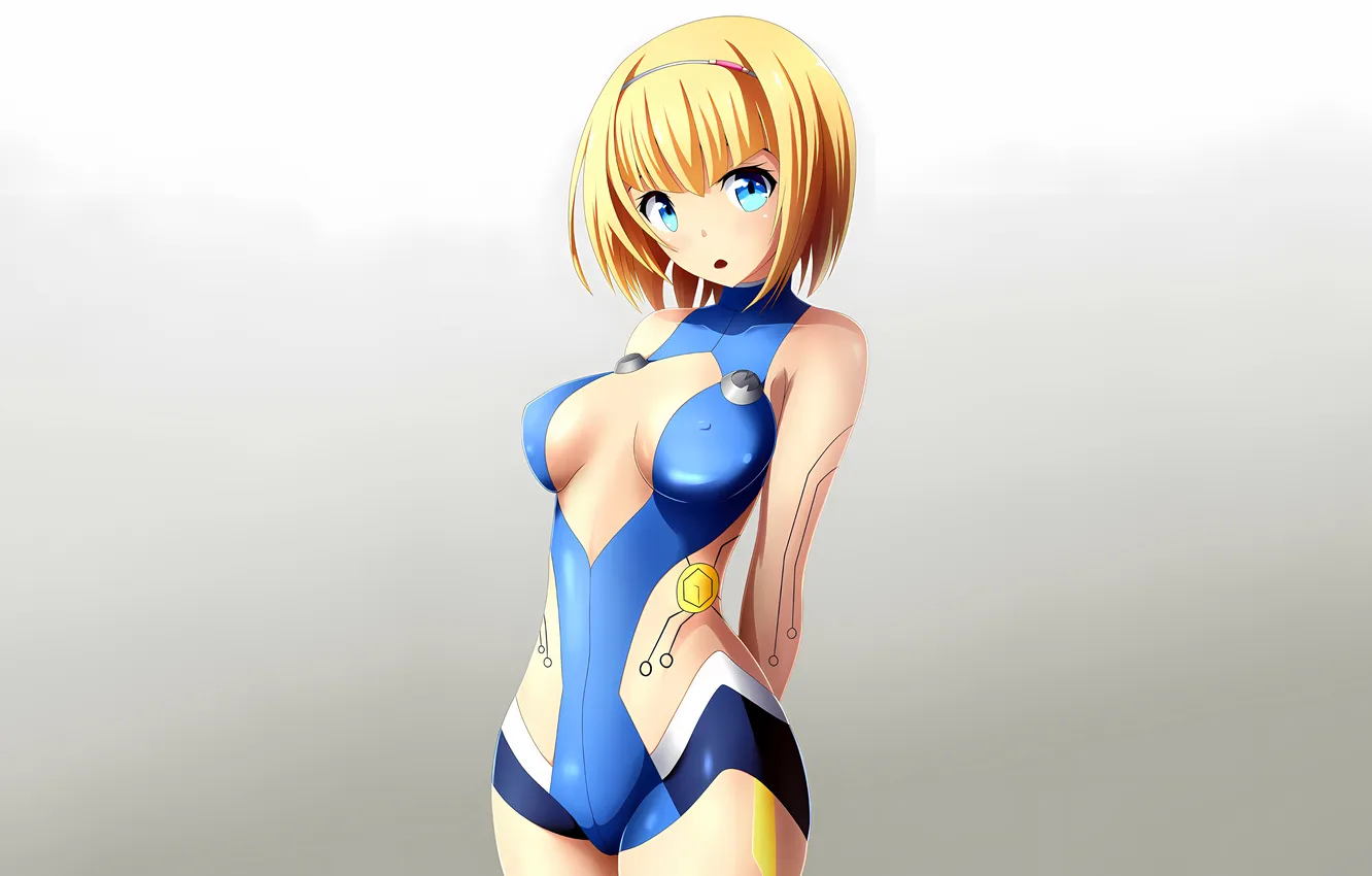 Photo wallpaper girl, sexy, cleavage, boobs, anime, blue eyes, beautiful, short hair
