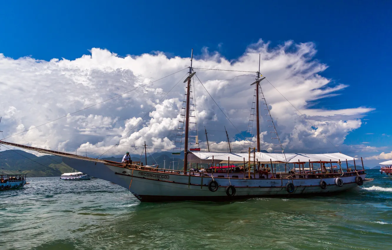 Photo wallpaper sea, clouds, the city, photo, boat, ship, boat