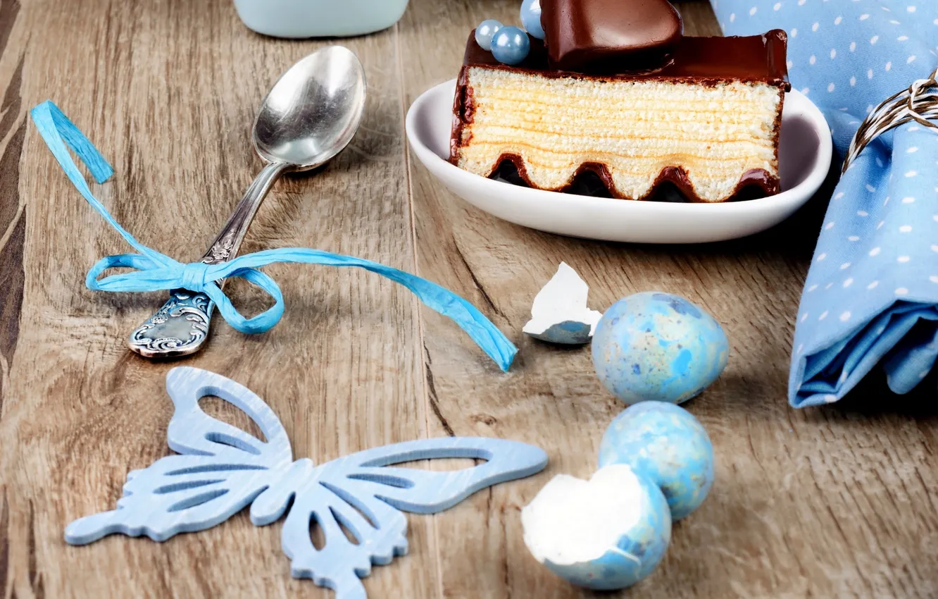Photo wallpaper butterfly, eggs, spoon, cake, bow, cake, eggs, spoon