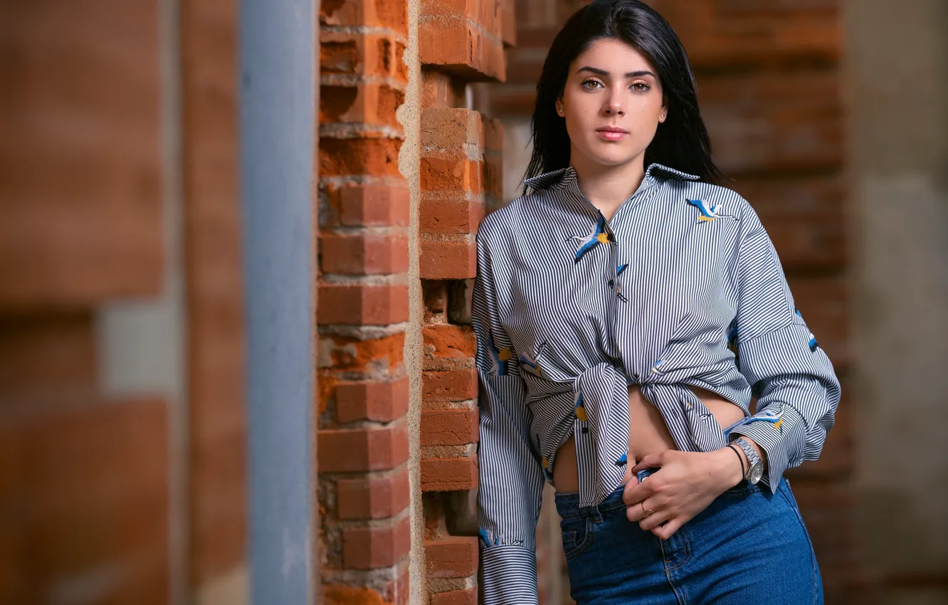 Photo wallpaper girl, pose, jeans, brunette, shirt, bokeh, Hermance
