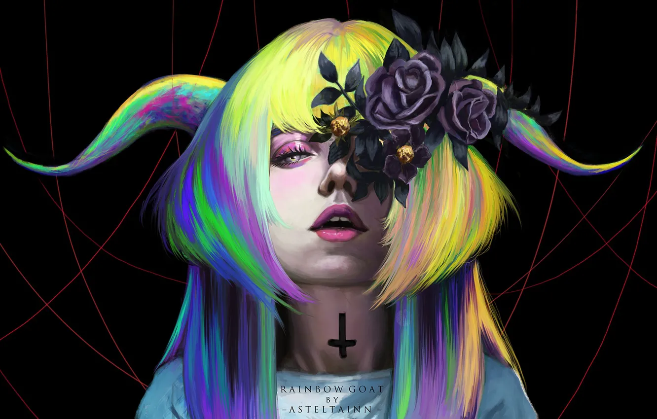 Photo wallpaper girl, roses, cross, the demon, upside down
