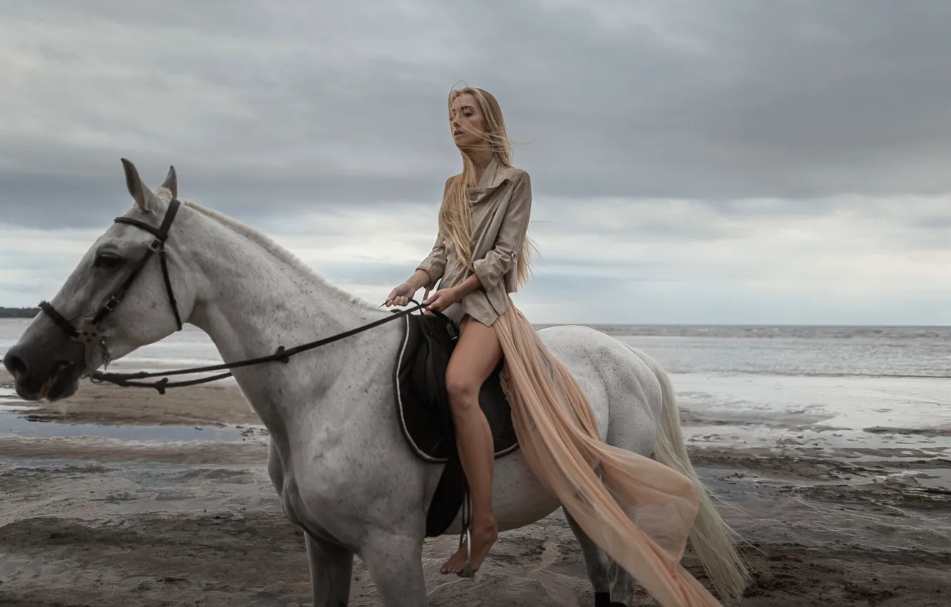 Photo wallpaper girl, shore, horse, portrait, blonde, light, shirt, fashion