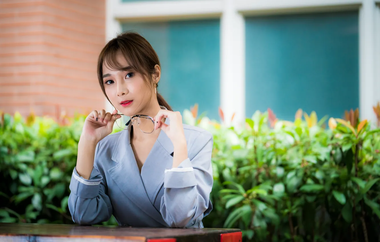 Photo wallpaper look, girl, glasses, Asian, cutie