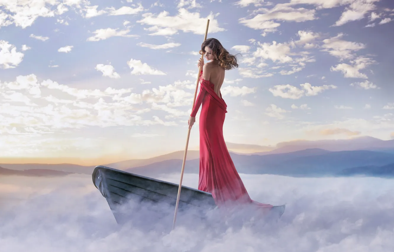 Photo wallpaper girl, clouds, fog, shore, boat, dress, is, in red