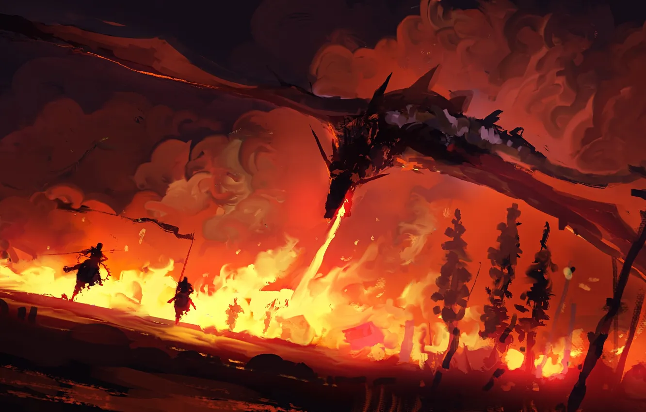 Photo wallpaper fire, fantasy, trees, night, dragon, battle, horse, digital art