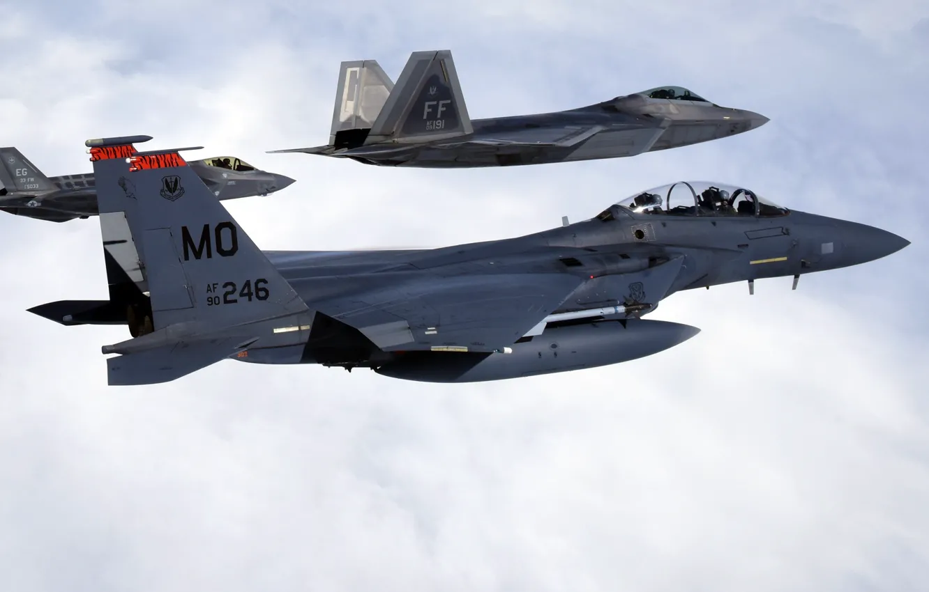 Photo wallpaper F-22, Raptor, F-15, UNITED STATES AIR FORCE, Lightning II, F-35, Strike Eagle, U.S. Air Force
