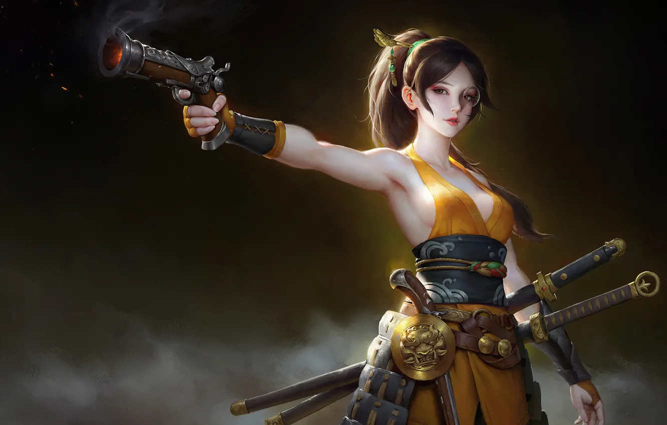 Photo wallpaper girl, gun, sword, warrior, fantasy