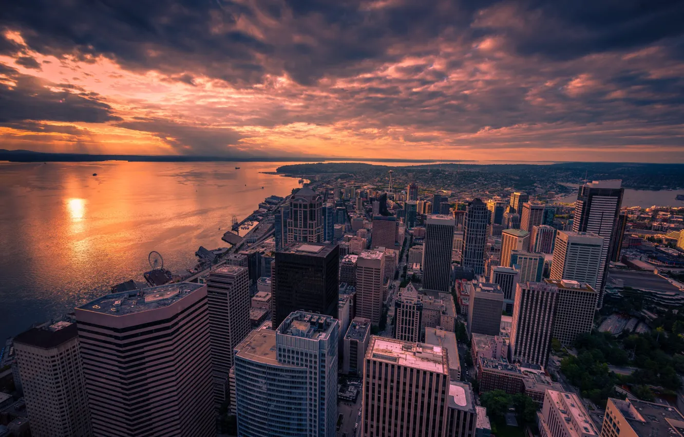 Photo wallpaper the sky, the sun, clouds, sunset, the city, shore, building, home