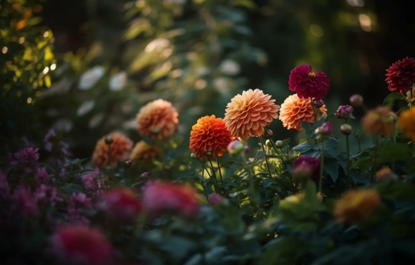 Photo wallpaper flowers, garden, dahlias, AI art, neural network