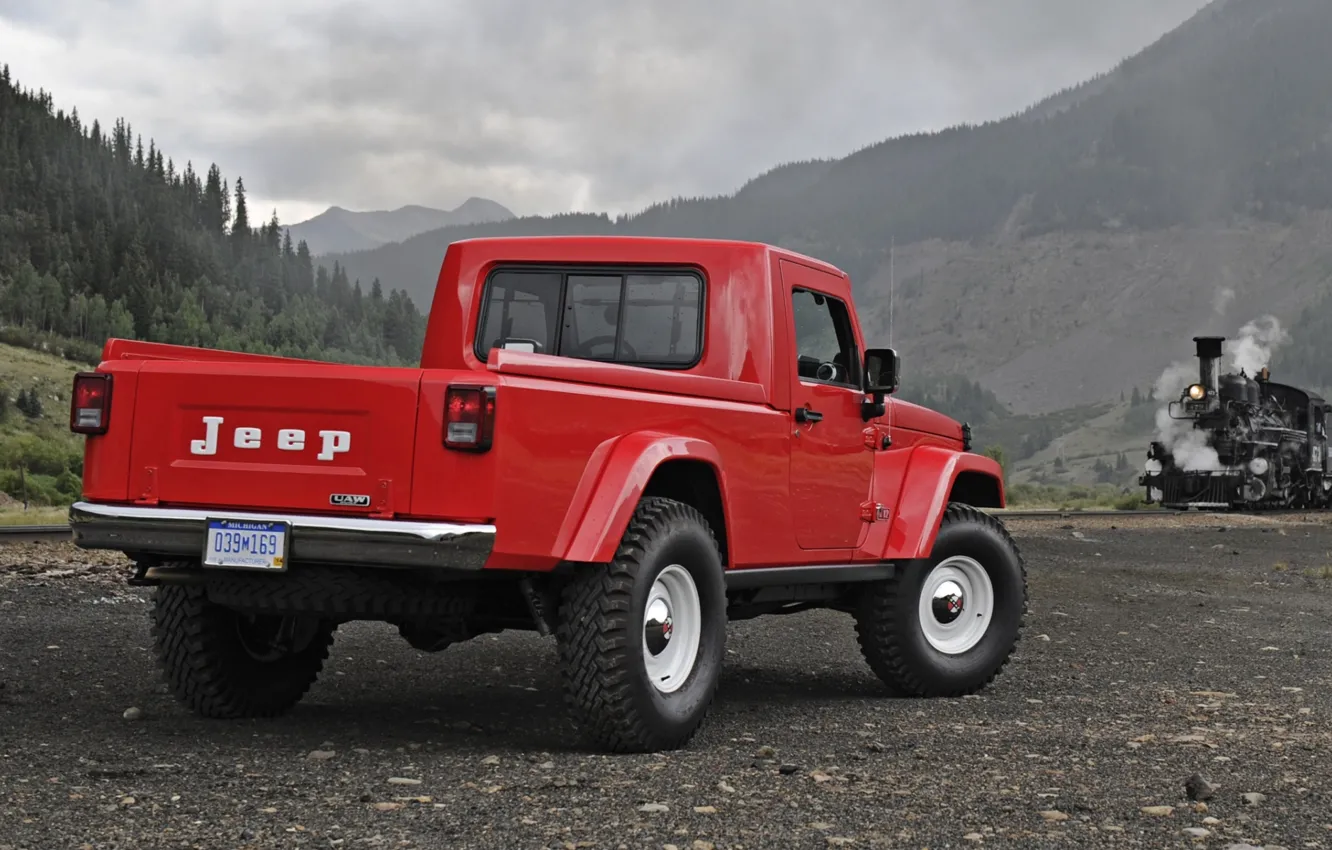 Photo wallpaper Concept, the sky, red, The concept, Jeep, rear view, pickup, Jeep