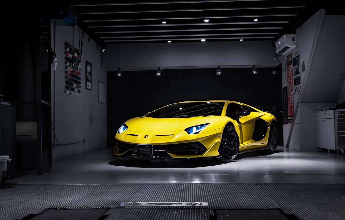 Photo wallpaper Lamborghini, Night, Yellow, Aventador, VAG