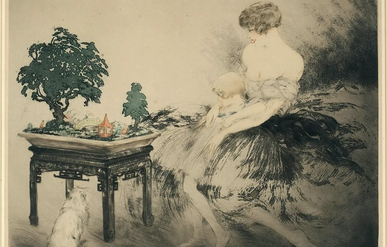 Photo wallpaper Japanese garden, 1925, art Deco, etching and aquatint, Louis Ikar, white fluffy cat