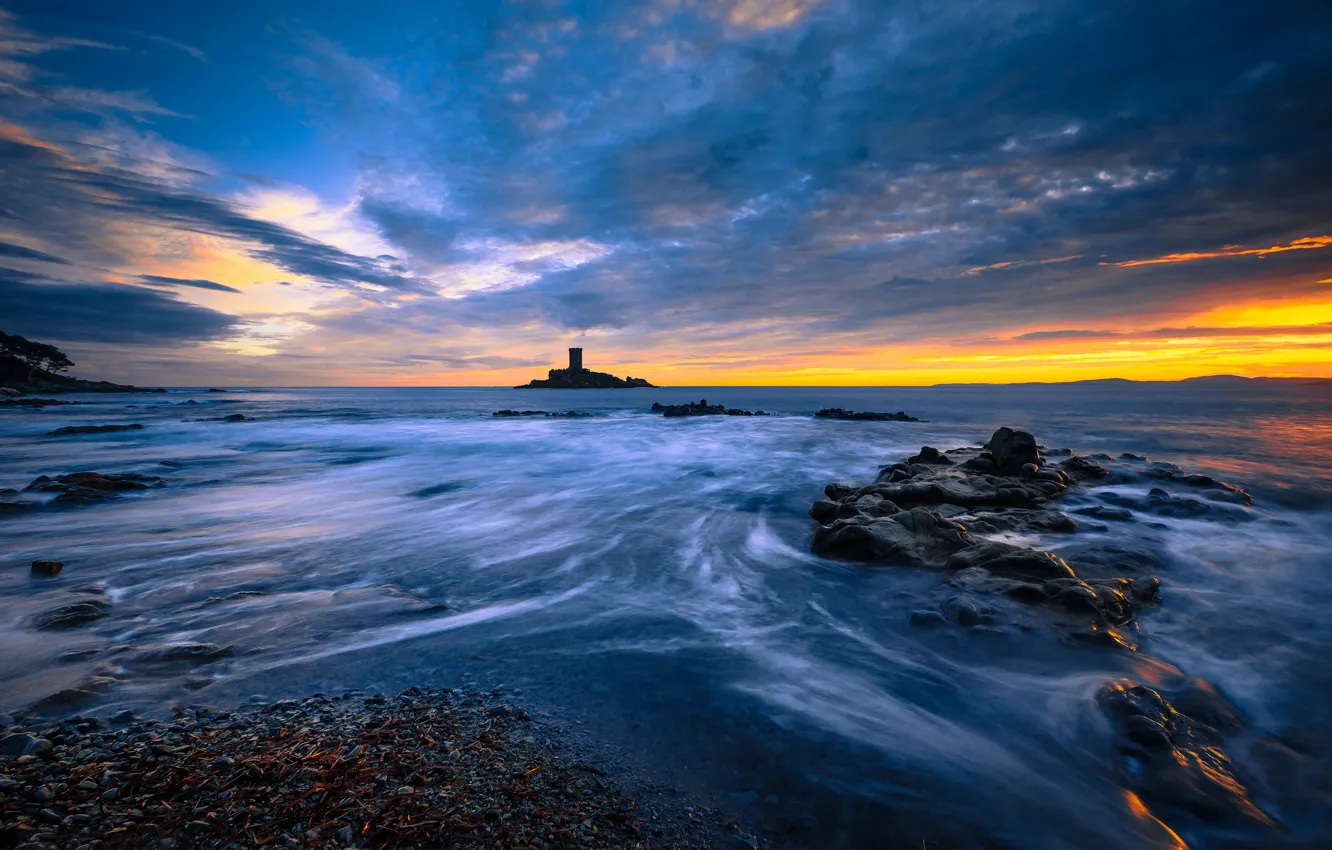 Photo wallpaper sea, beach, sunrise, island, morning, Bay