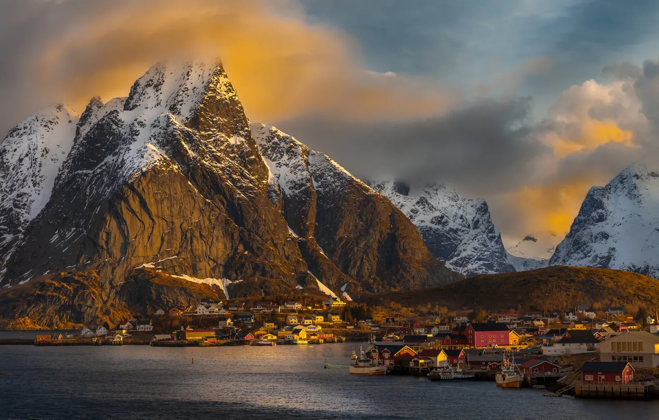 Photo wallpaper clouds, snow, sunset, mountains, boat, home, village, Norway