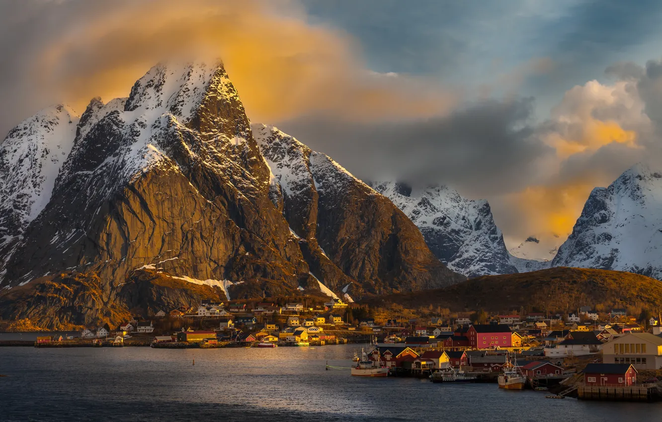 Photo wallpaper clouds, snow, sunset, mountains, home, boats, village, Norway