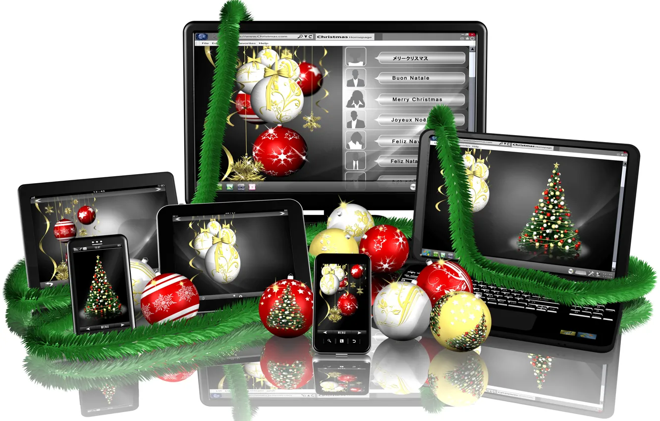 Photo wallpaper reflection, holiday, balls, new year, white background, laptop, monitor, tinsel