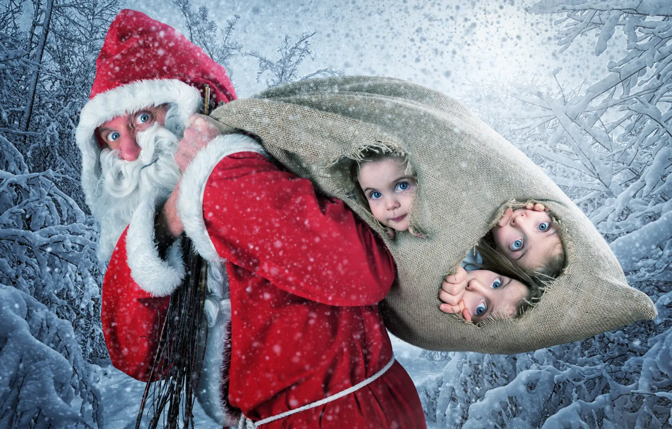 Photo wallpaper Snow, New Year, Children, Christmas, Girls, Santa Claus, Santa Claus