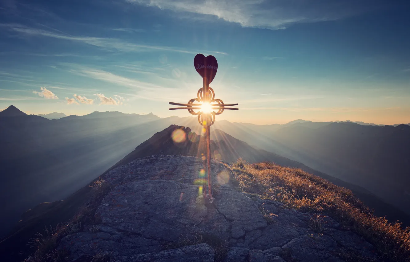 Photo wallpaper sign, rays, the sky, mountains, Wallpaper from lolita777, heart, the sun, glare