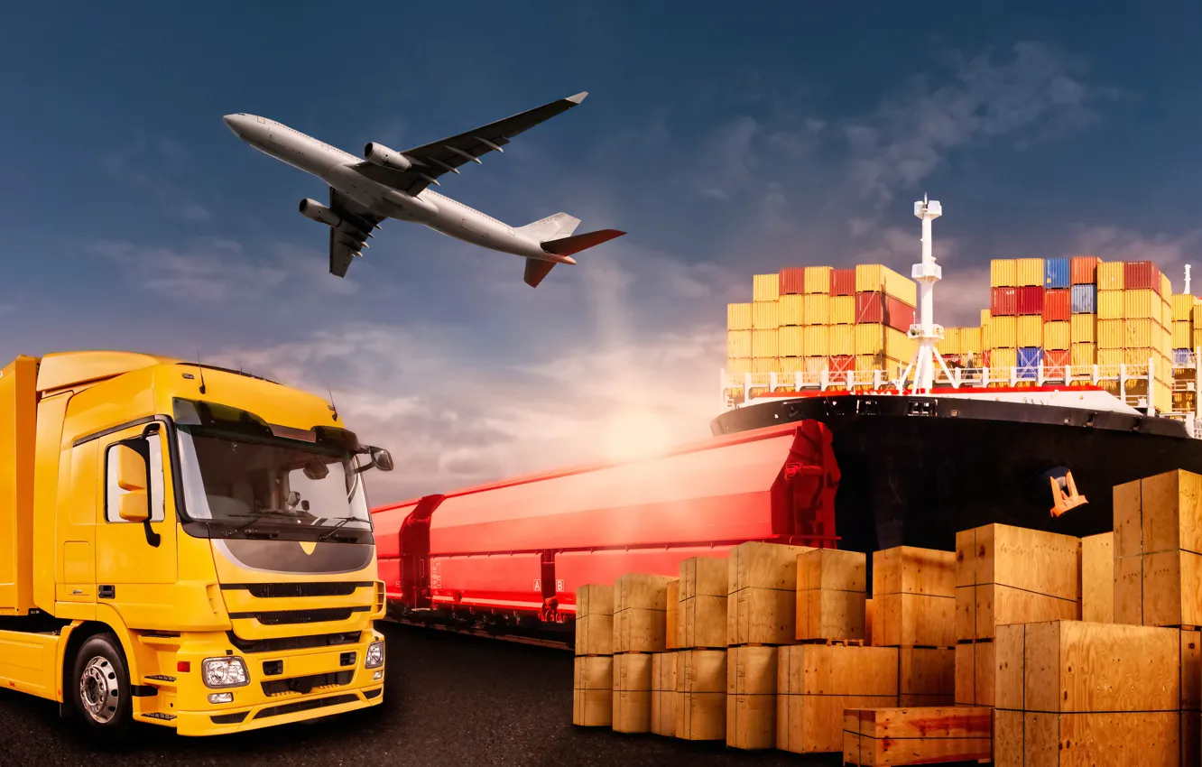 Photo wallpaper the sky, red, yellow, ship, photoshop, train, port, truck