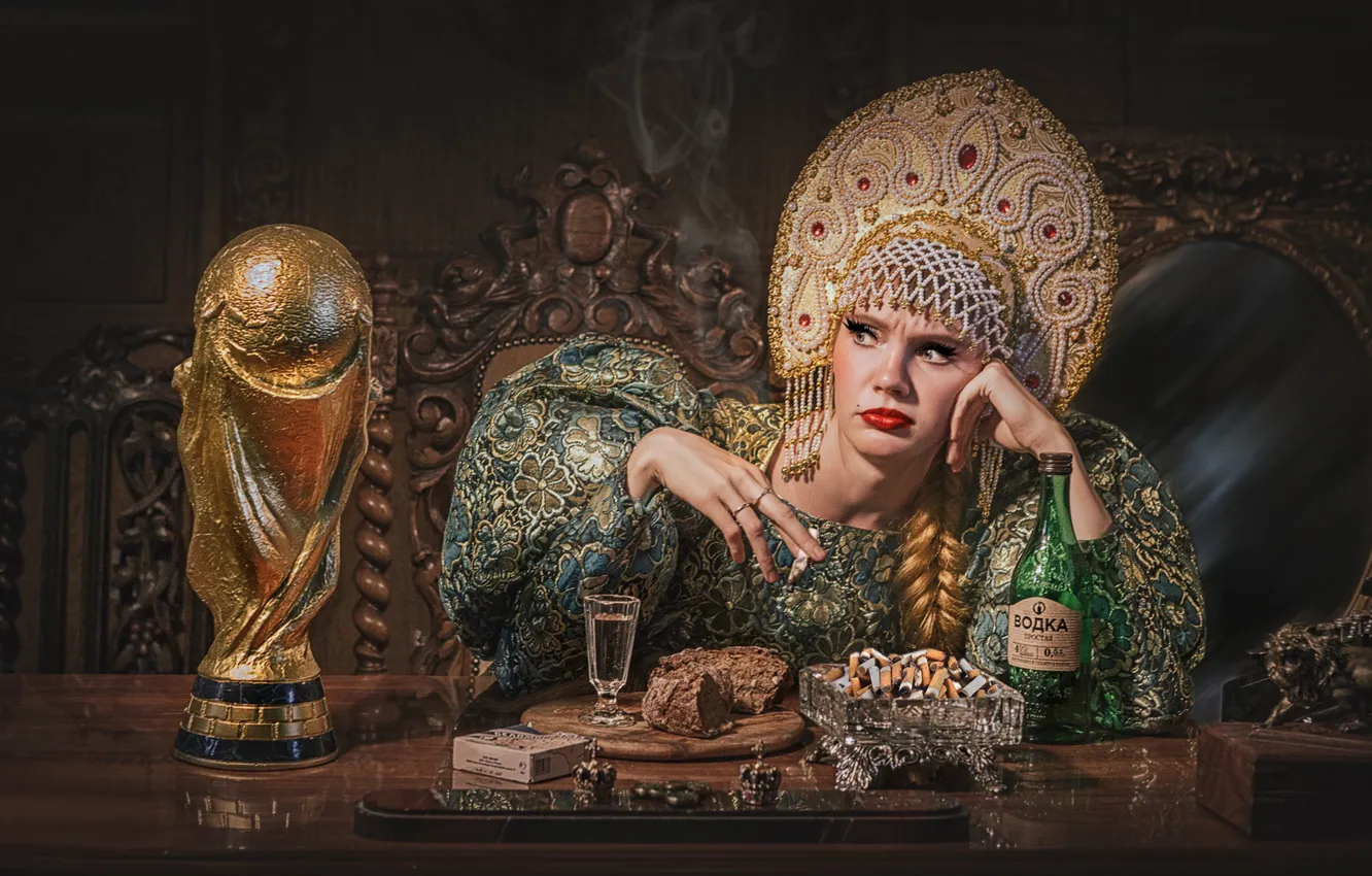Photo wallpaper girl, the situation, bread, vodka, ashtray, Cup, kokoshnik, Princess