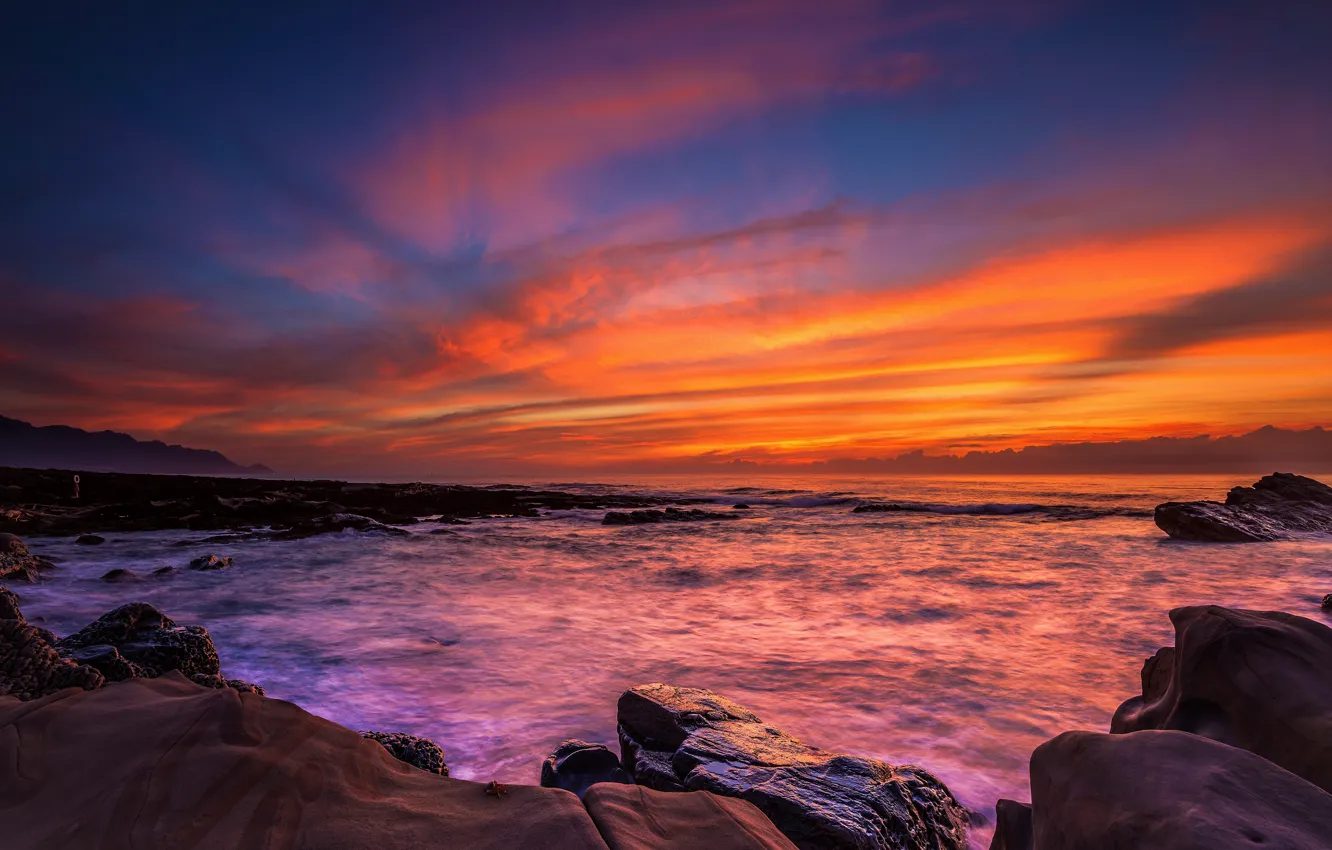 Photo wallpaper sea, the sky, clouds, sunset, orange, stones, rocks, shore