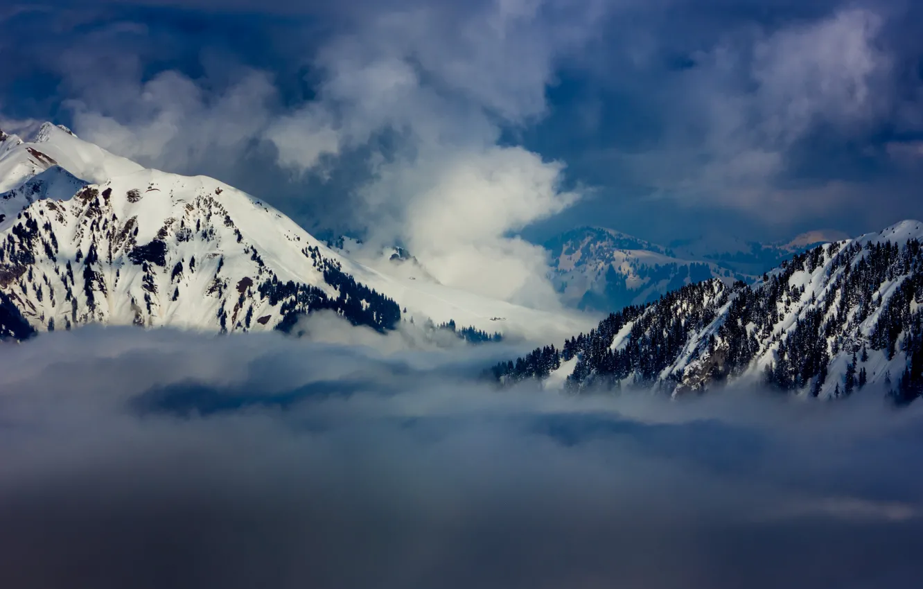 Photo wallpaper winter, snow, mountains, winter, mountains, clouds, snow, train