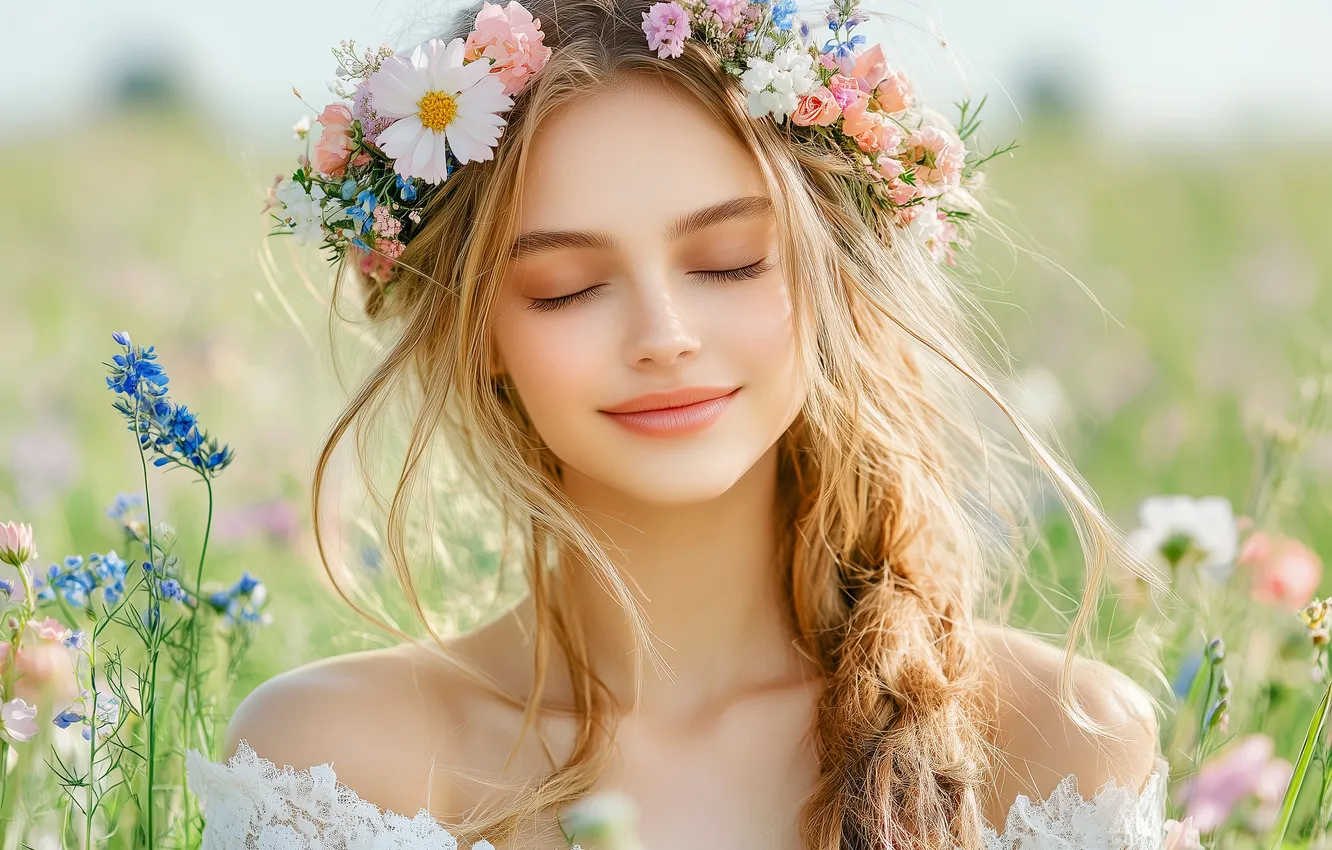 Photo wallpaper field, summer, dream, look, girl, flowers, nature, pose