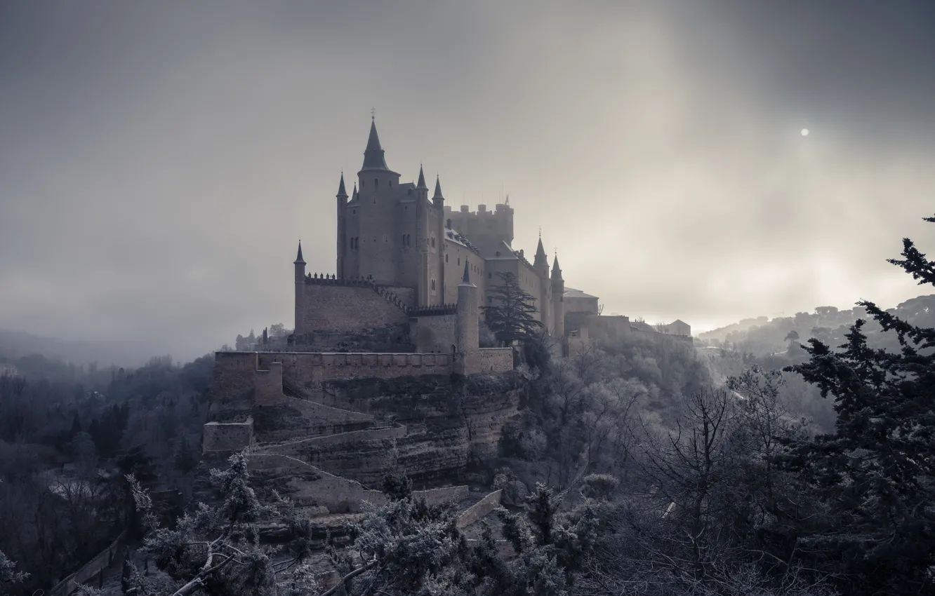 Photo wallpaper forest, mountains, fog, castle, rocks, height, haze, Spain