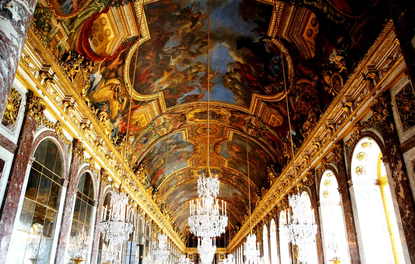 Photo wallpaper France, window, chandelier, mural, Versailles, Mirror gallery