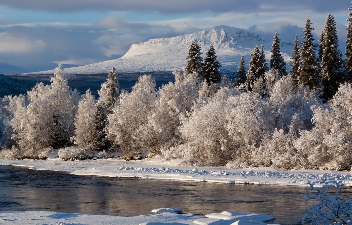 Photo wallpaper winter, frost, snow, mountains, river, frost