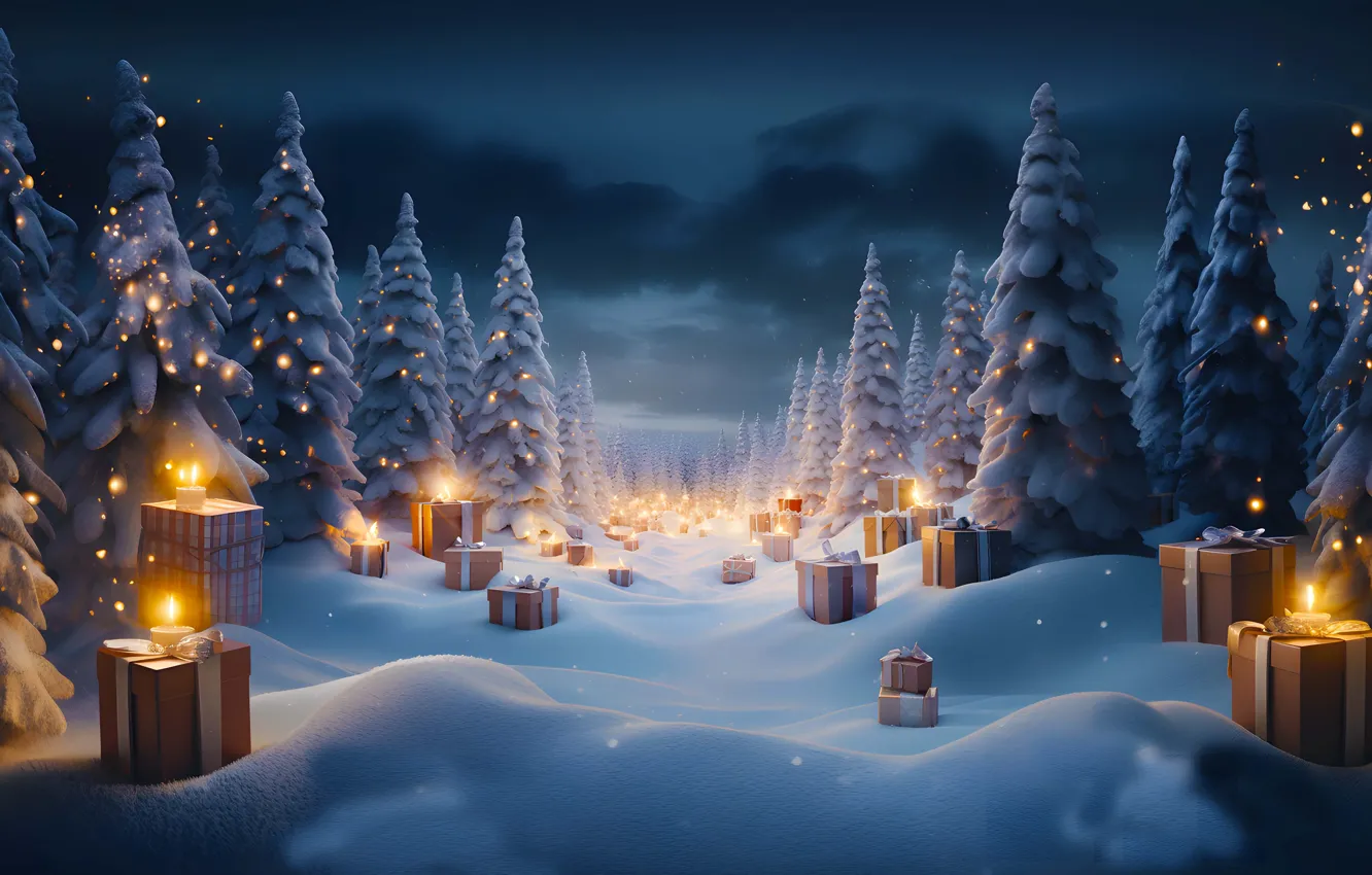 Photo wallpaper winter, forest, snow, night, lights, box, gift, tree