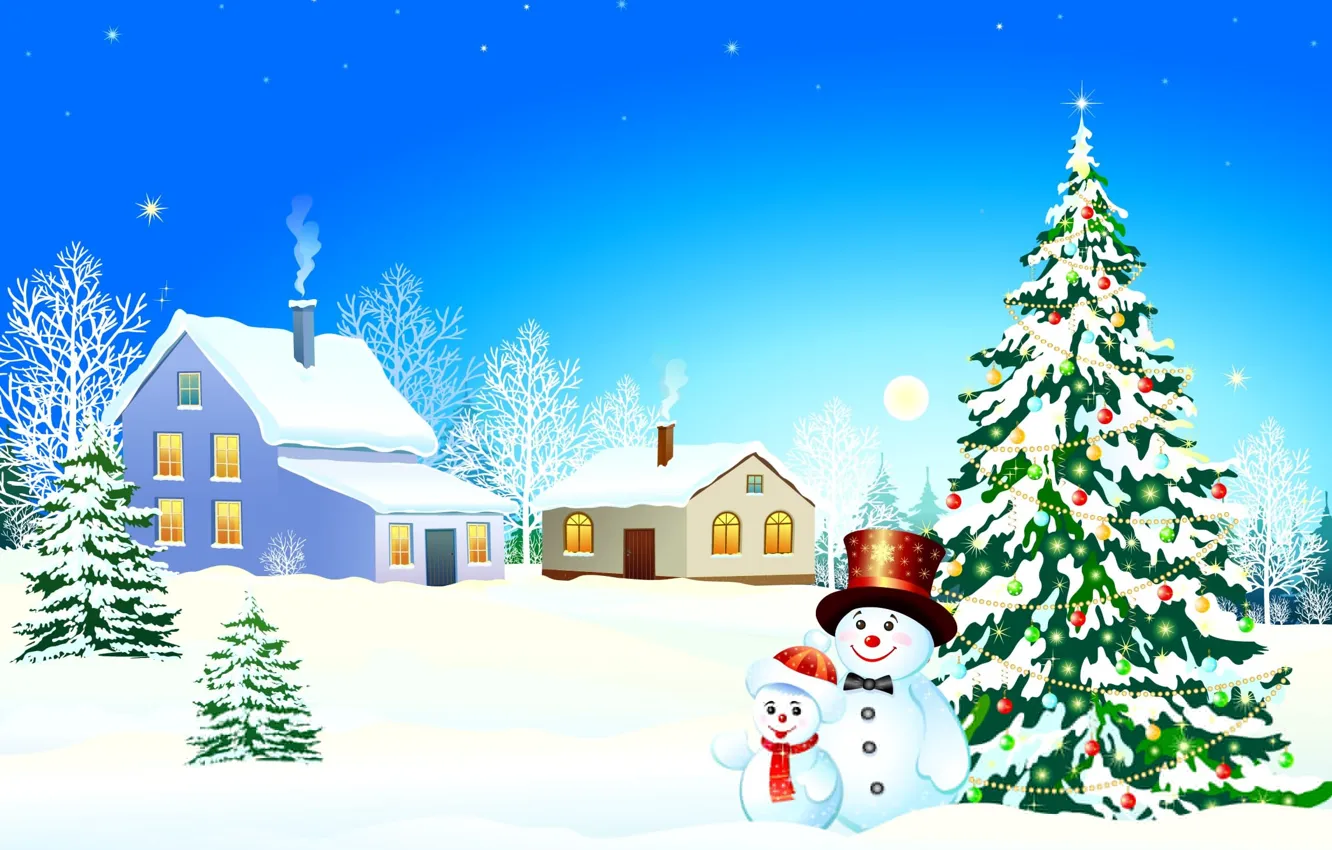 Photo wallpaper winter, snow, Windows, home, stars, the snow, snowman, tree