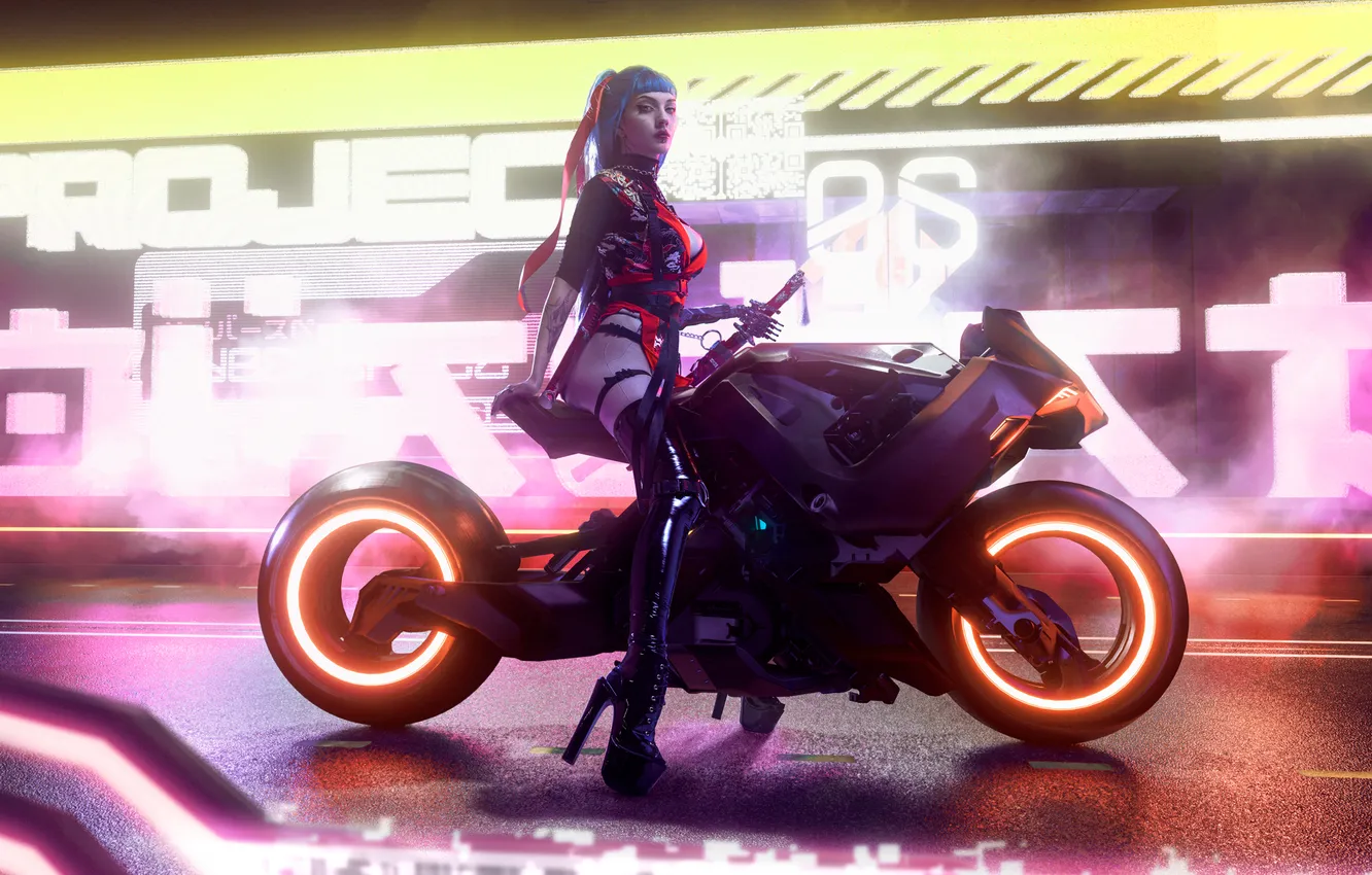 Photo wallpaper model, women, cosplay, sitting, looking at viewer, women with motorcycles, Akunohako, Alin Ma