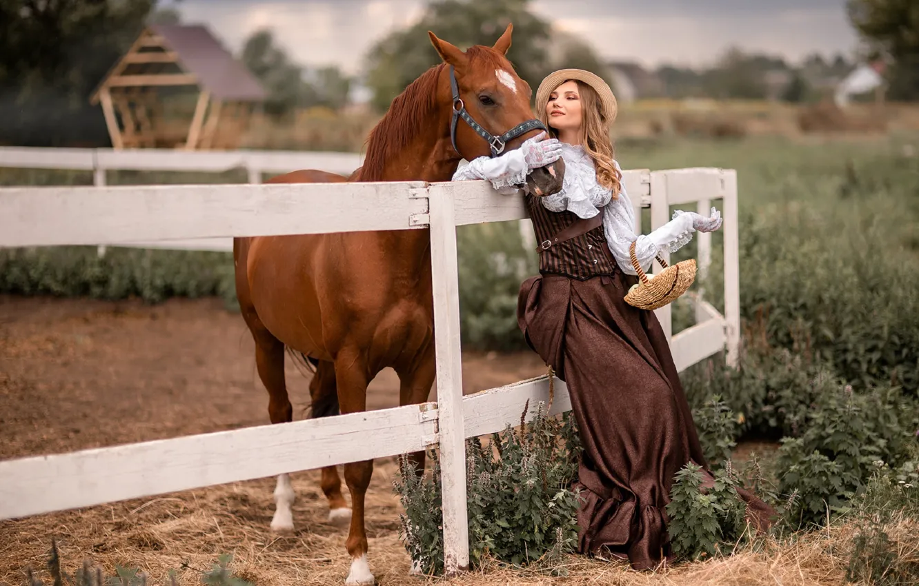 Photo wallpaper girl, nature, pose, photo, horse, hat, costume, Anastasia Naumkina