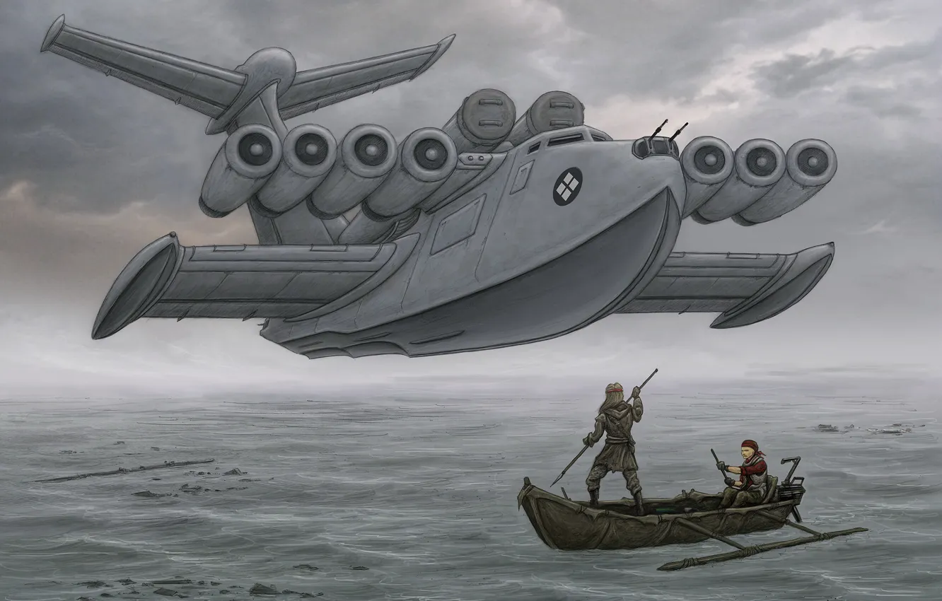 Photo wallpaper flight, boat, art, fiction, ekranoplan
