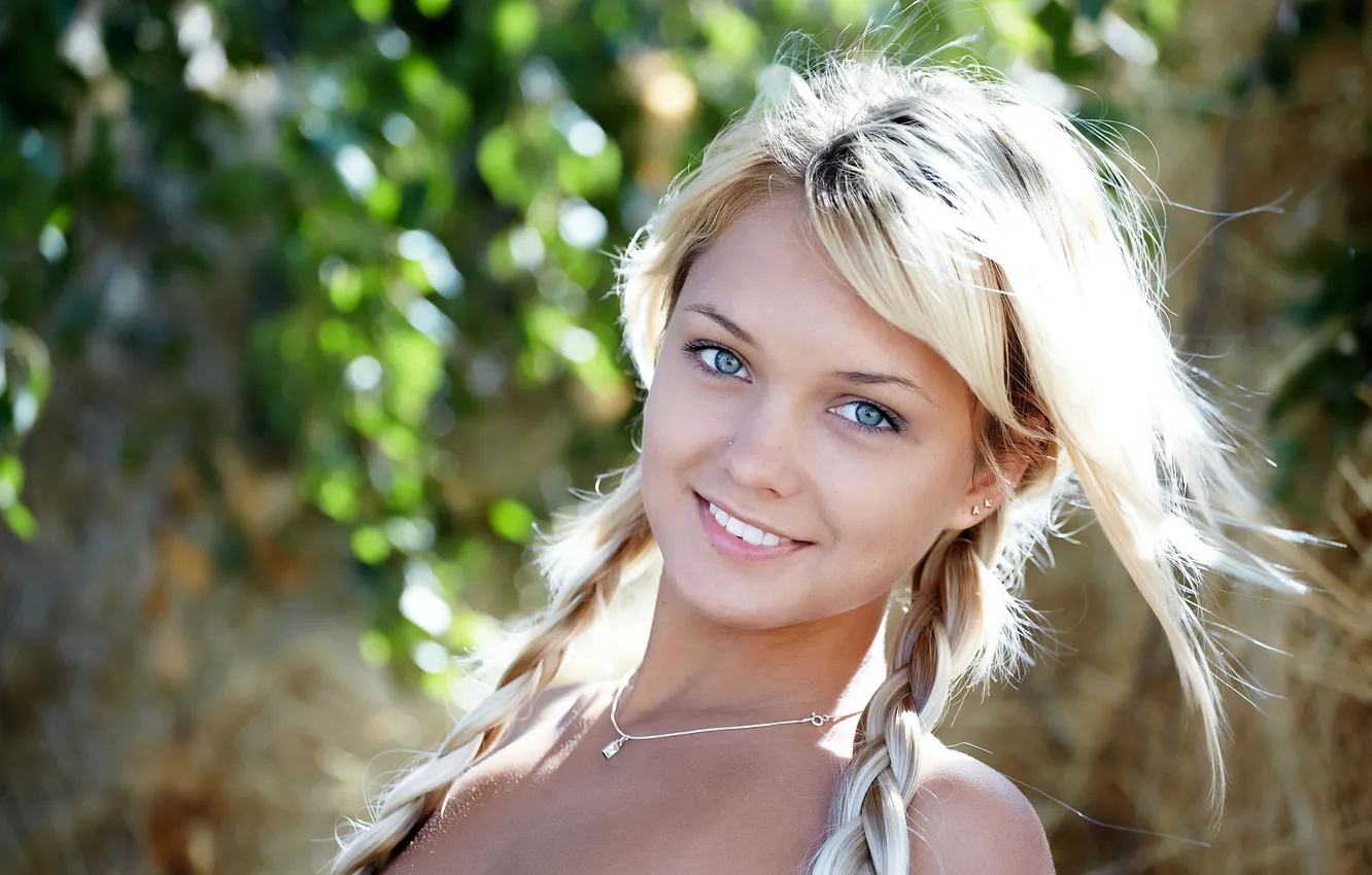 Photo wallpaper summer, girl, light, smile, model, blonde, braids, braid