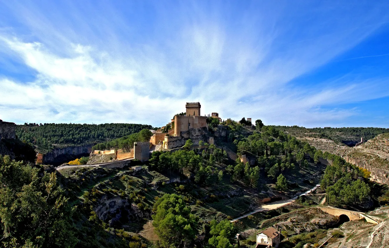Photo wallpaper the sky, clouds, nature, castle, landscape, panorama, Spain, Alarcon