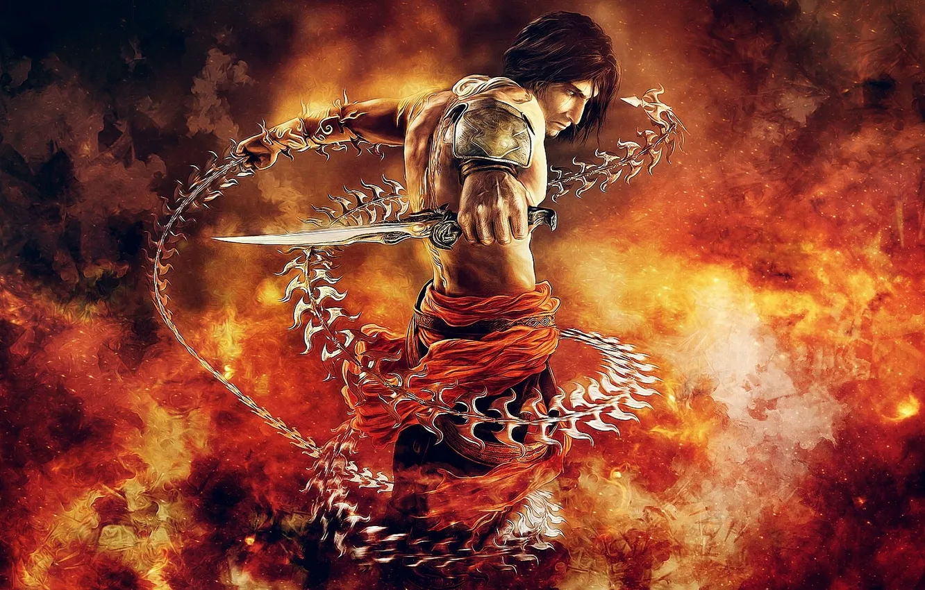 Photo wallpaper lights, weapons, art, chain, dagger, fire, Prince of Persia: The Two Thrones, art