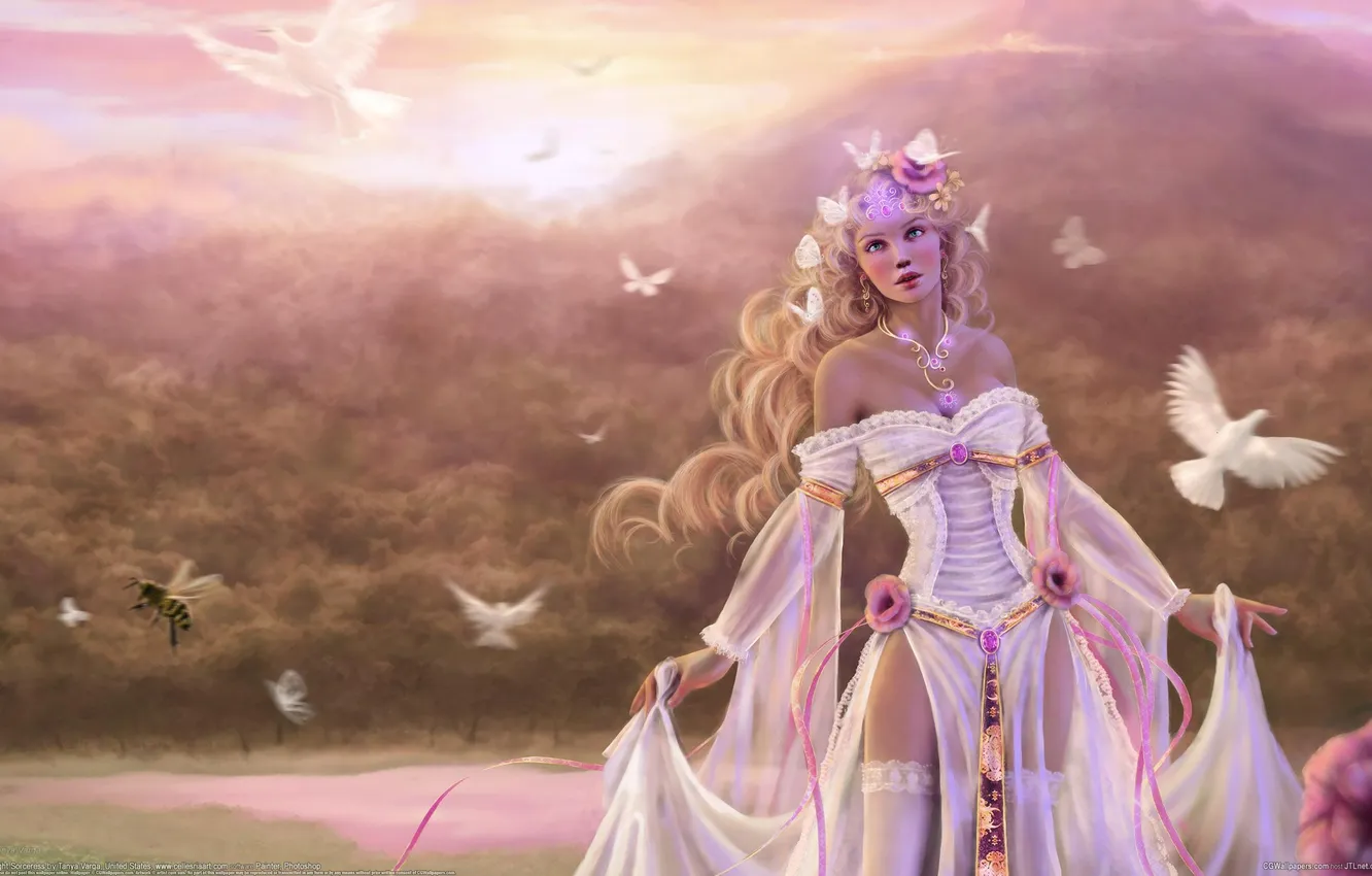 Photo wallpaper girl, butterfly, pigeons, Tanya Varga