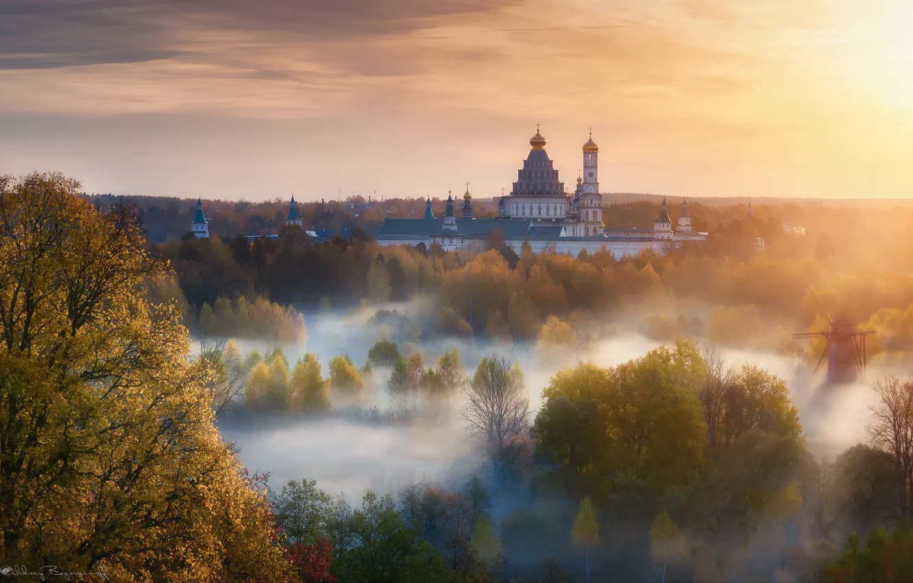 Photo wallpaper autumn, landscape, nature, fog, dawn, vegetation, morning, the monastery