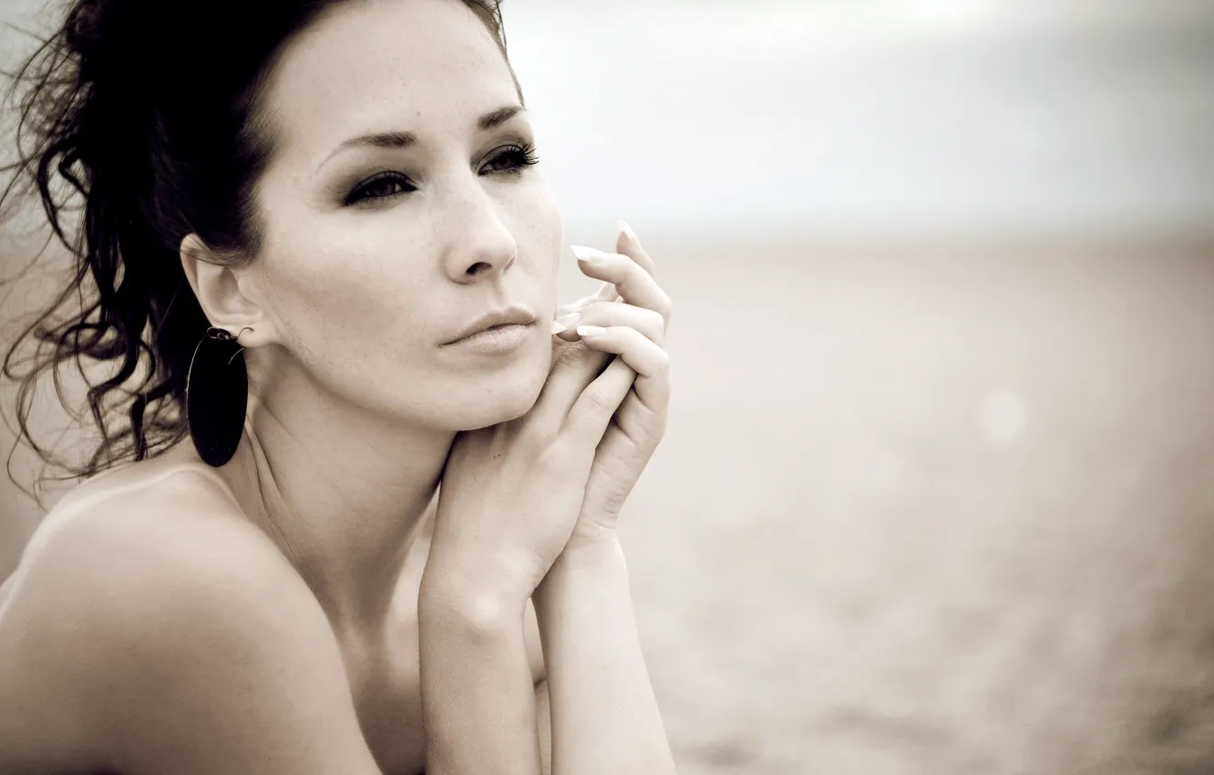 Photo wallpaper face, hands, brunette, shoulders, palm